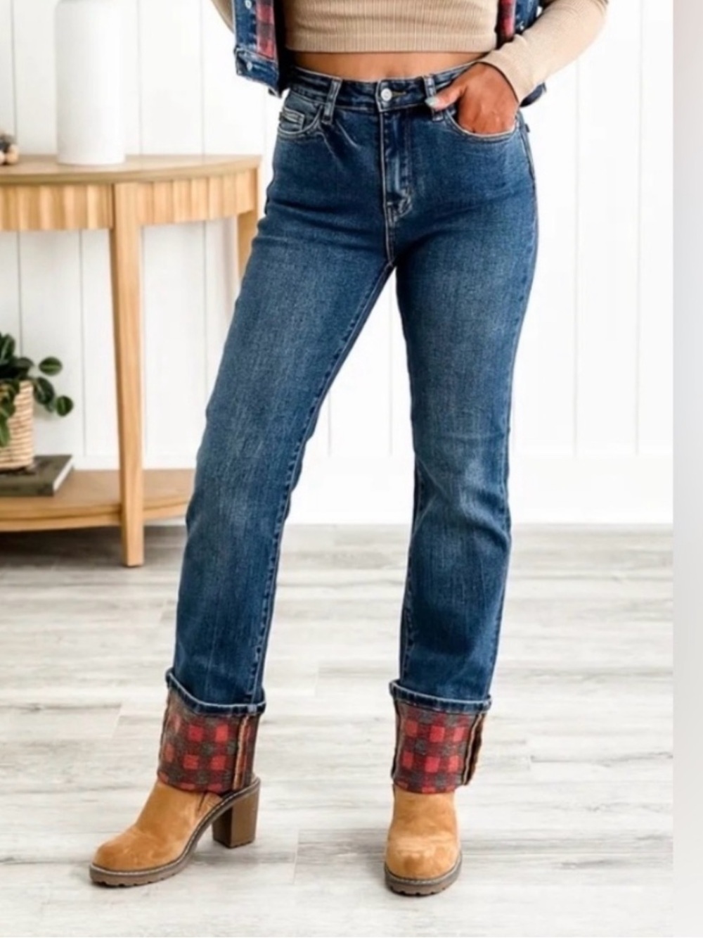 NWT Judy Blue High Waist Red Plaid Cuff  Straight Leg Jeans 9/29